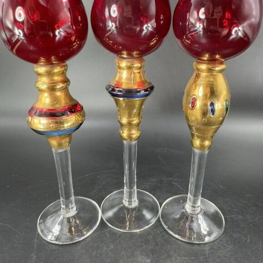 Bombay Company Romanov Ruby Gold Long Stem Cordial Glasses Cadmium UV Glow Set 3